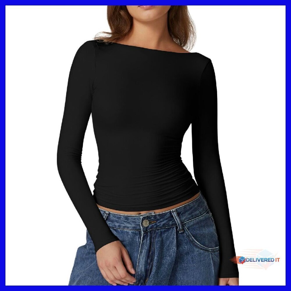 Fitted Long Sleeve Open Back Tee High Neck Double Lined Going Out Top
